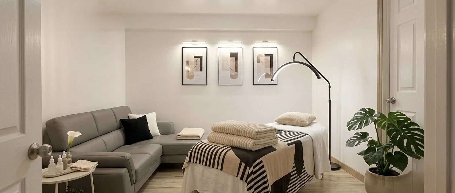 Petit appartement modernes avec un canapé gris, une table avec des lotions, une plante verte, un lit fait avec des draps beige et une lampe sur un côté. Murs blanc et décor minimaliste.