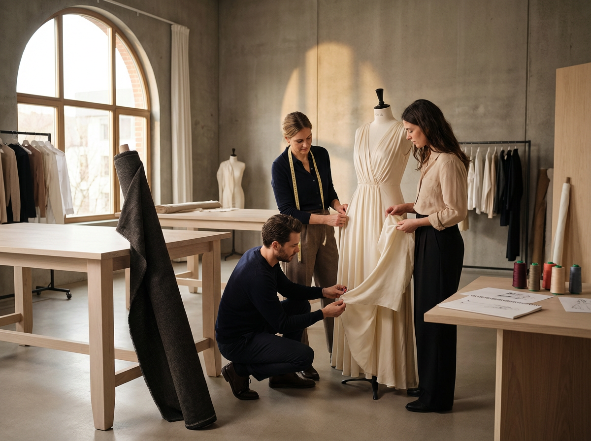 Three fashion designers working on a cream-colored dress on a mannequin in a spacious, well-lit studio with large arched window and clothing racks.