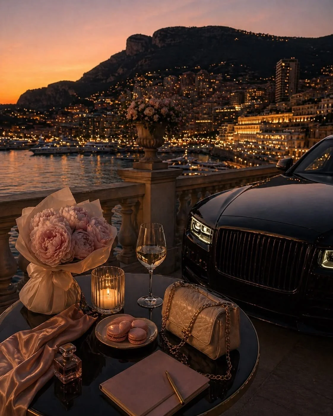 An elegant outdoor dining setup during sunset overlooking a marina with city lights, a black luxury car, a bouquet of pink flowers, a glass of white wine, macarons, a candle, a quilted purse, and a notebook with a pen.
