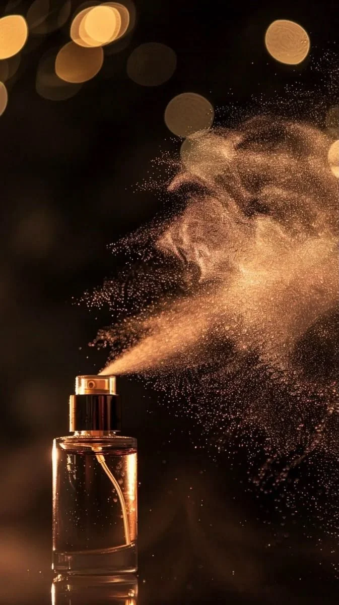 A perfume bottle releasing a fine spray of perfume mist against a dark background with golden bokeh lights.