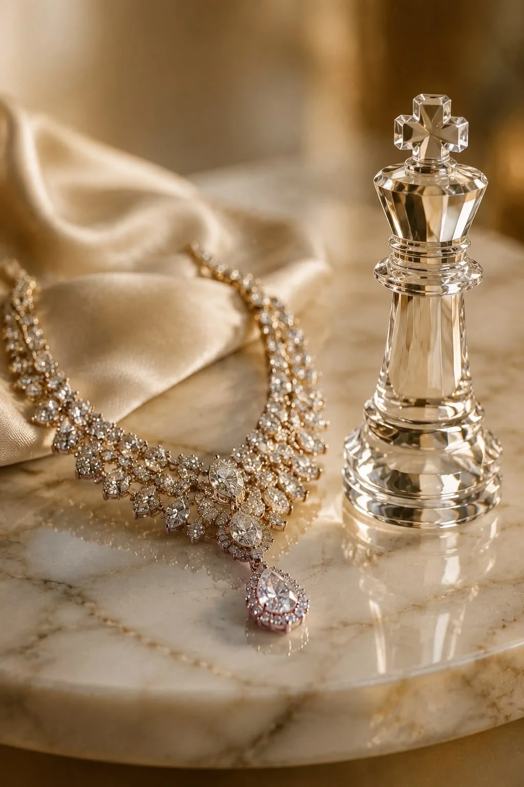 A diamond necklace, a glass chess piece resembling a king, and a satin cloth on a marble surface.