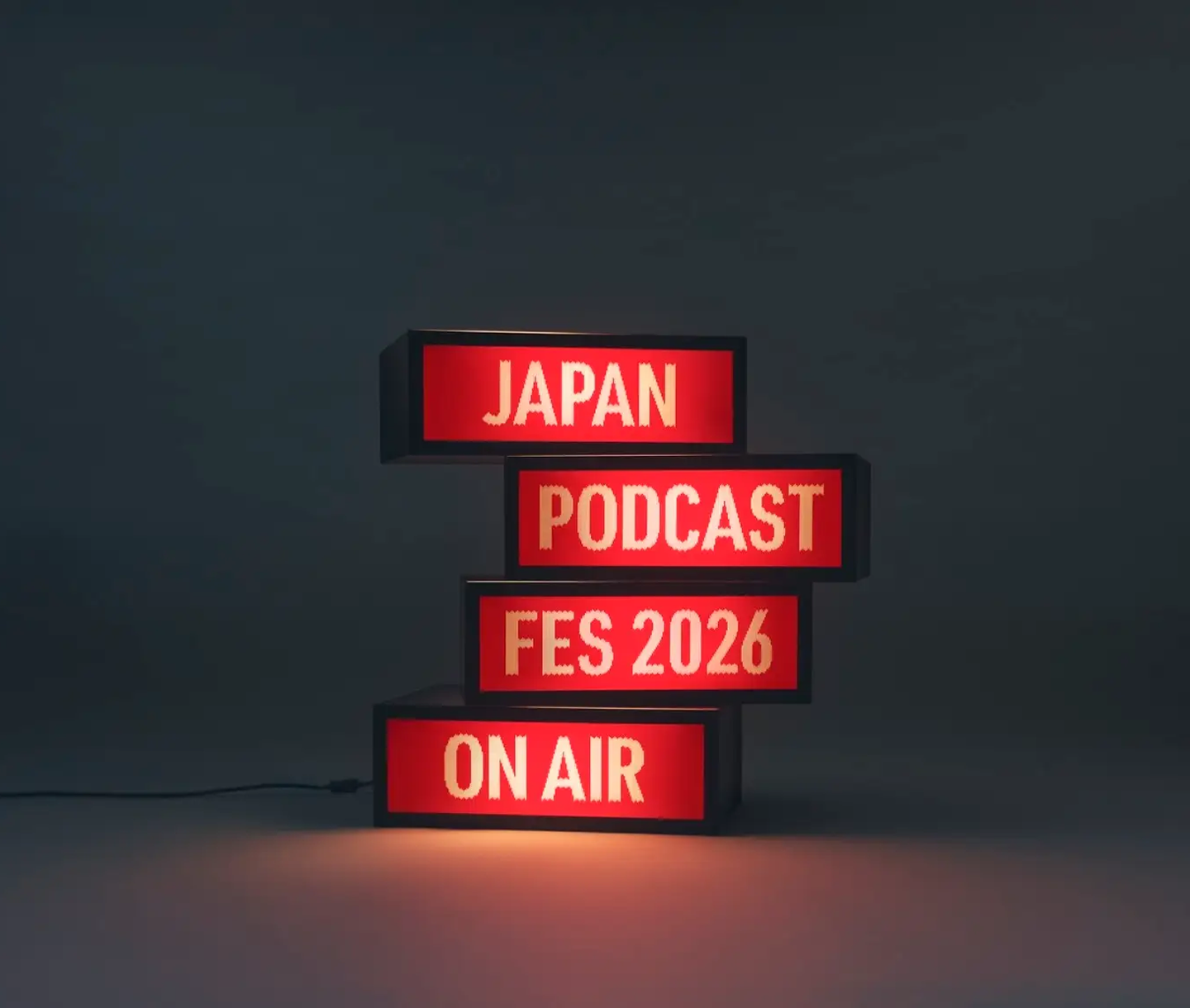 Red illuminated signboard with four sections reading "JAPAN," "PODCAST," "FES 2026," and "ON AIR" against a dark background.