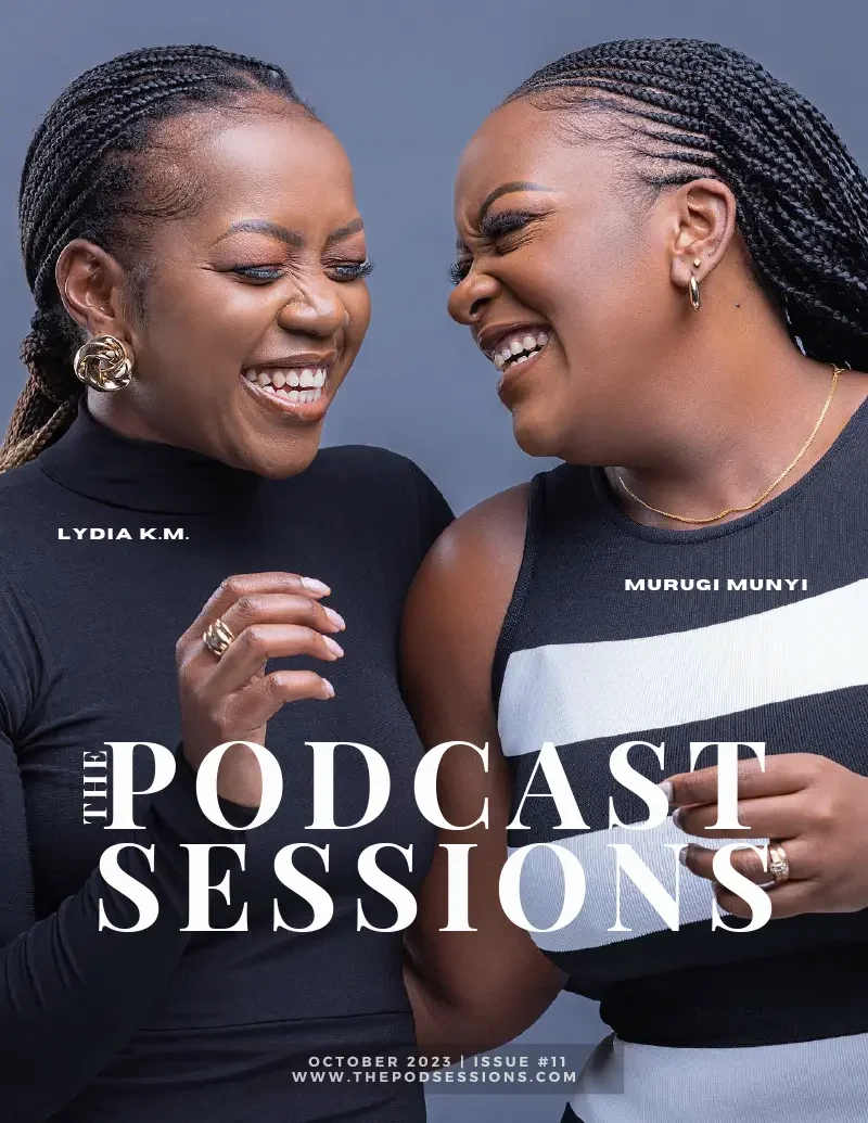 Two women laughing together, one wearing a black turtleneck and gold earrings, the other in a black and white striped sleeveless top with jewelry, against a plain background. Text overlays indicate it is a cover for 'The Podcast Sessions' October 2023 issue.