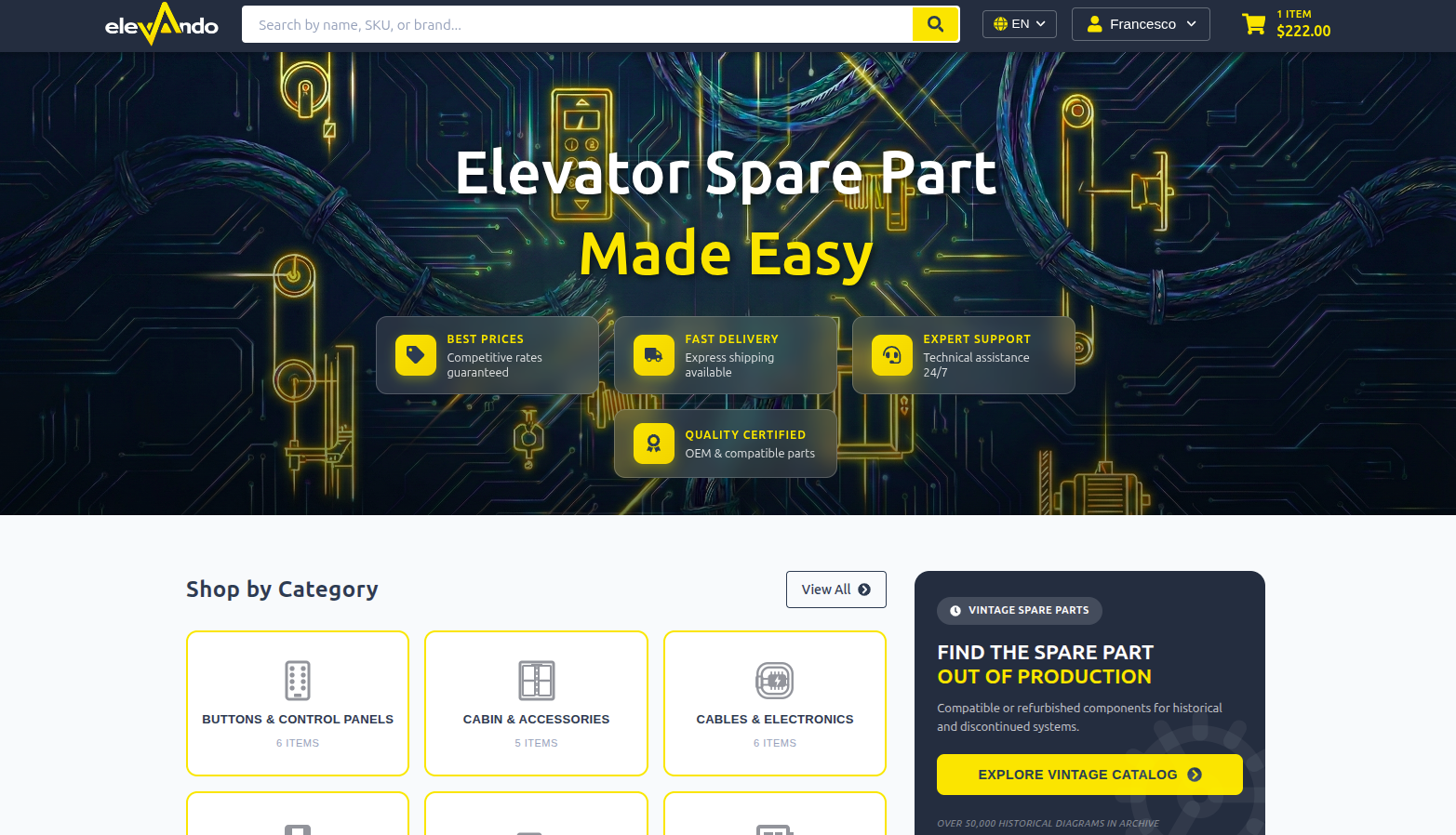 Elevando is an e-commerce platform for elevator spare parts that I built from scratch. 

I handled the full-stack development, including the technical architecture, front-end and back-end implementation, payment integration, and production deployment