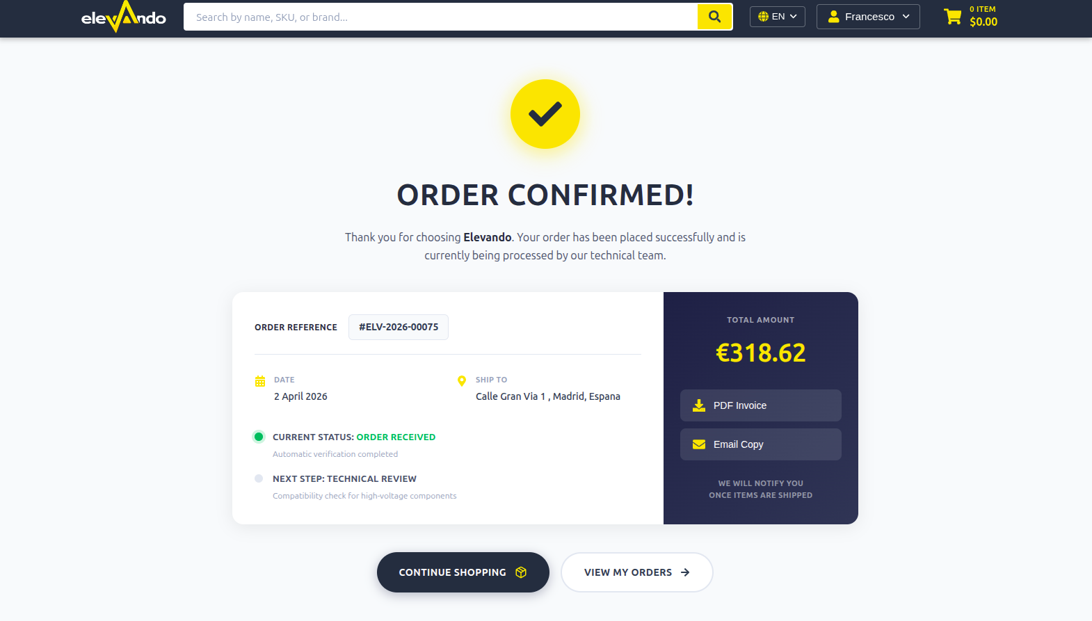Elevando is an e-commerce platform for elevator spare parts that I built from scratch. 

I handled the full-stack development, including the technical architecture, front-end and back-end implementation, payment integration, and production deployment