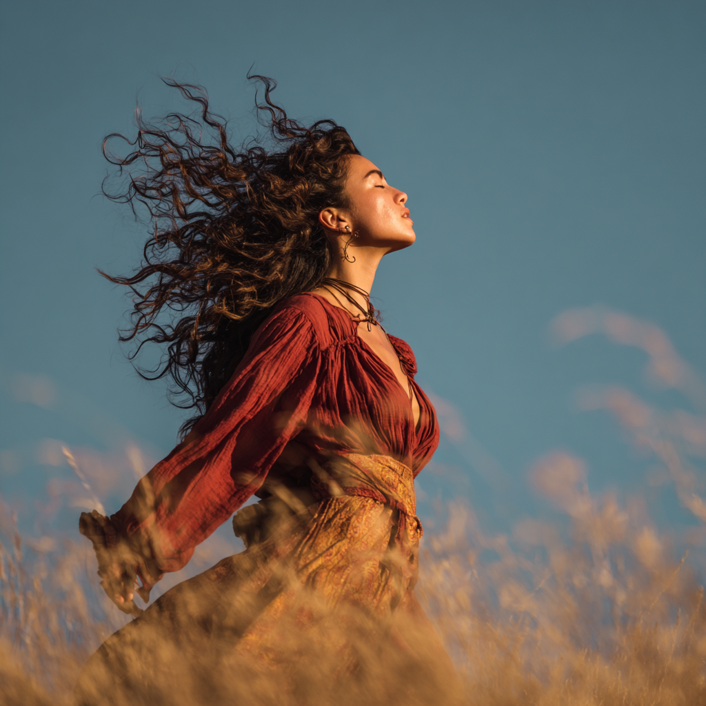 A woman with curly hair standing in a field with her eyes closed and face turned upward, wearing a red dress, under a blue sky.