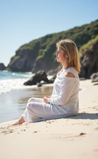 Woman sitting on sandy beach near ocean with green hillside in background