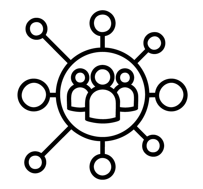 Icon of a group of people connected to various nodes, representing networking or community.