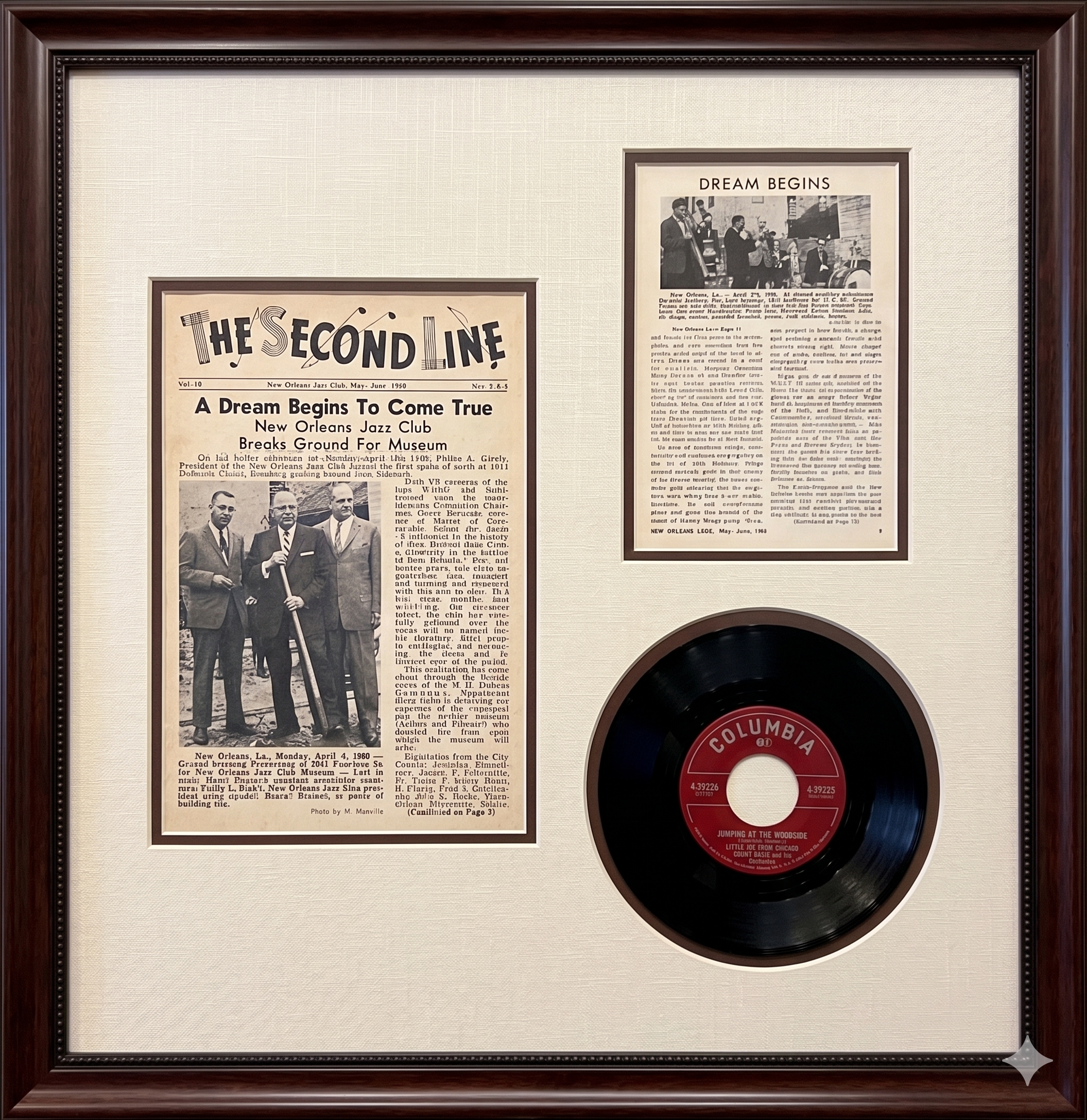 Framed issue of The Second Line magazine on the museum groundbreaking, with a Columbia 45 RPM single