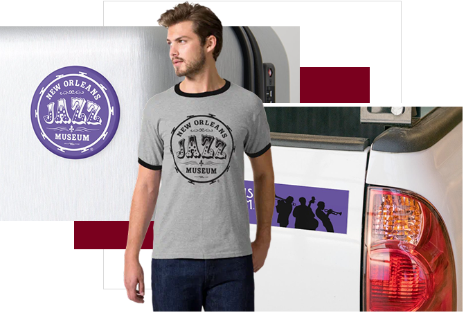 Collage of a grey ringer T-shirt, a purple drum magnet and a bumper sticker on a vehicle