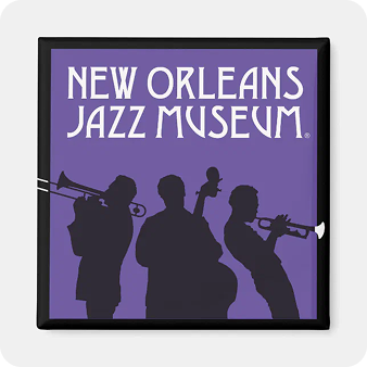 Framed purple magnet with three jazz musicians in silhouette