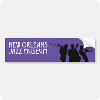 Purple bumper sticker with three jazz musicians in silhouette
