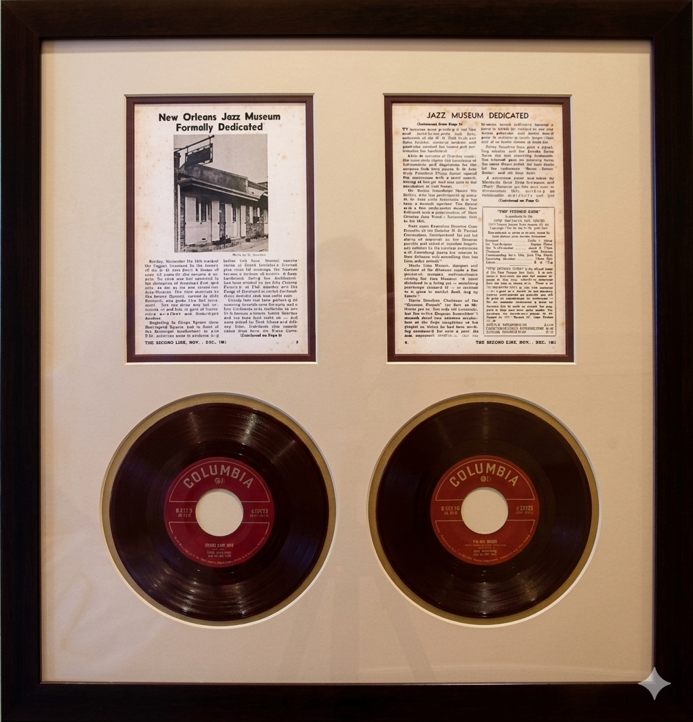 Framed newspaper clippings about the jazz museum dedication at 1017 Dumaine Street, shown with two Columbia 45 RPM singles