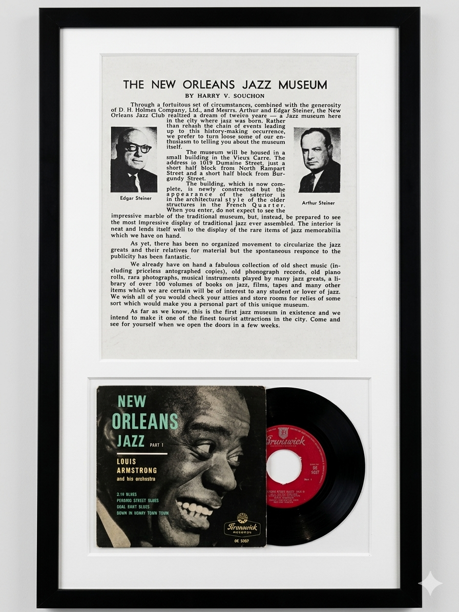 Framed Harry V. Souchon article on the jazz museum with a Louis Armstrong Brunswick 45 RPM single