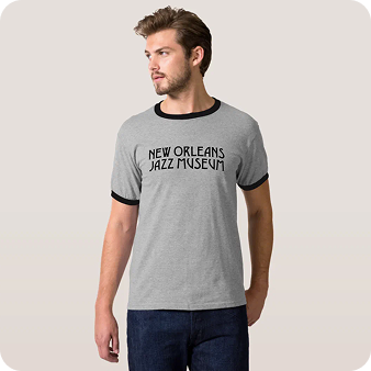 Grey ringer T-shirt with the museum name printed in text on the front