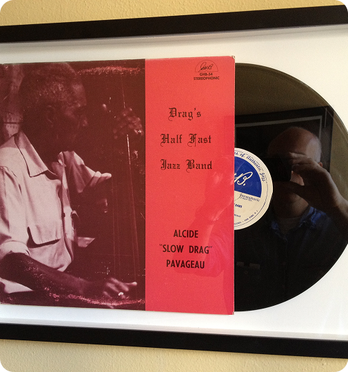 Framed LP by Drag's Half Fast Jazz Band with a photograph of bassist Alcide Pavageau