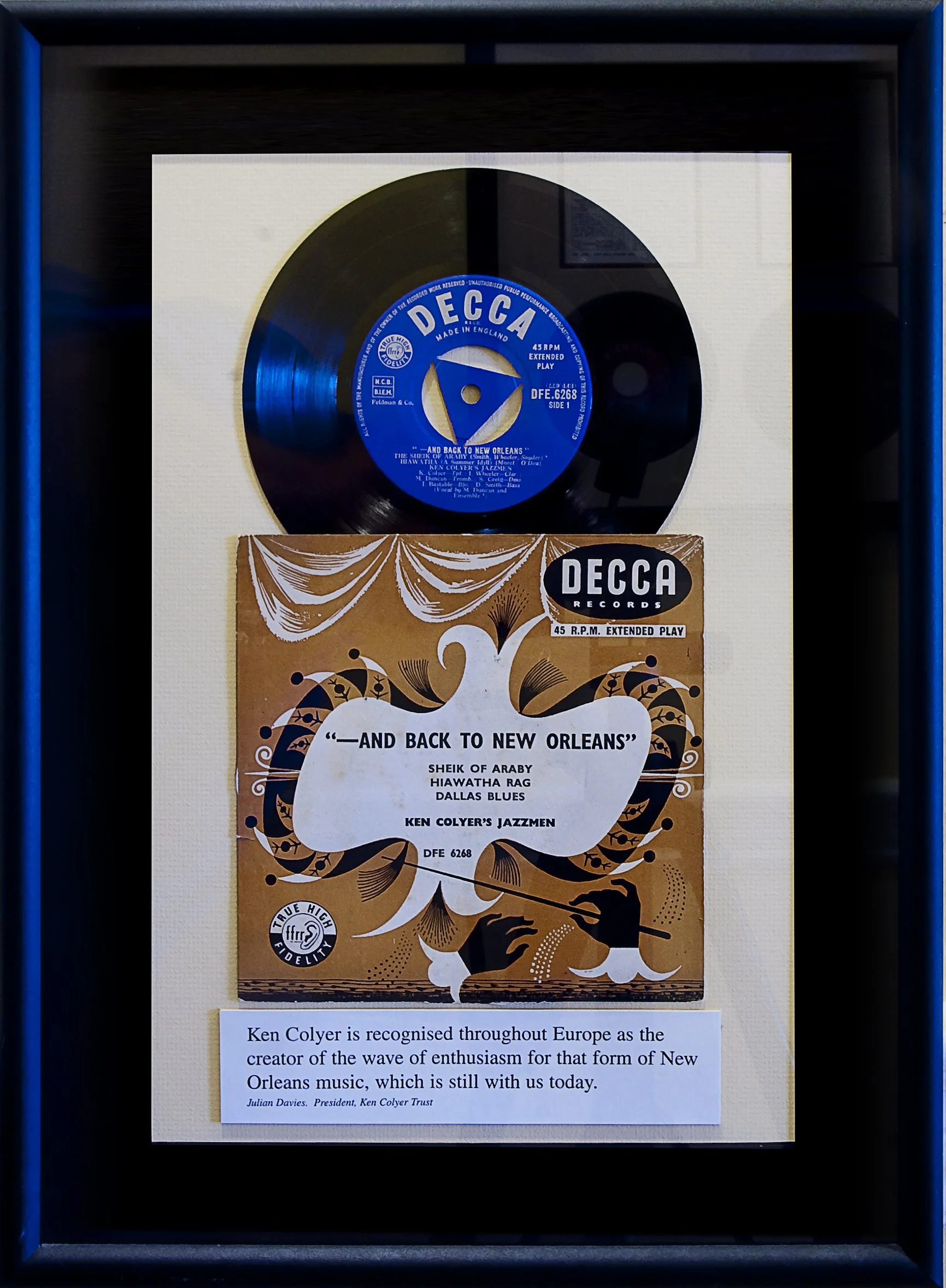 Framed Ken Colyer's Jazzmen Decca 45 RPM with its original display card