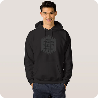 Black hoodie with the museum's trumpet logo printed on the front