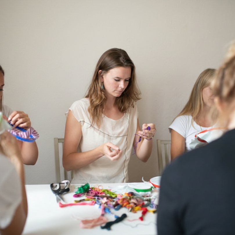 Une jeune femme salariée d'une grande entrepriseen train de faire de l'artisanat avec des fils colorés, entourée d'autres personnes, dans une pièce au mur blanc.