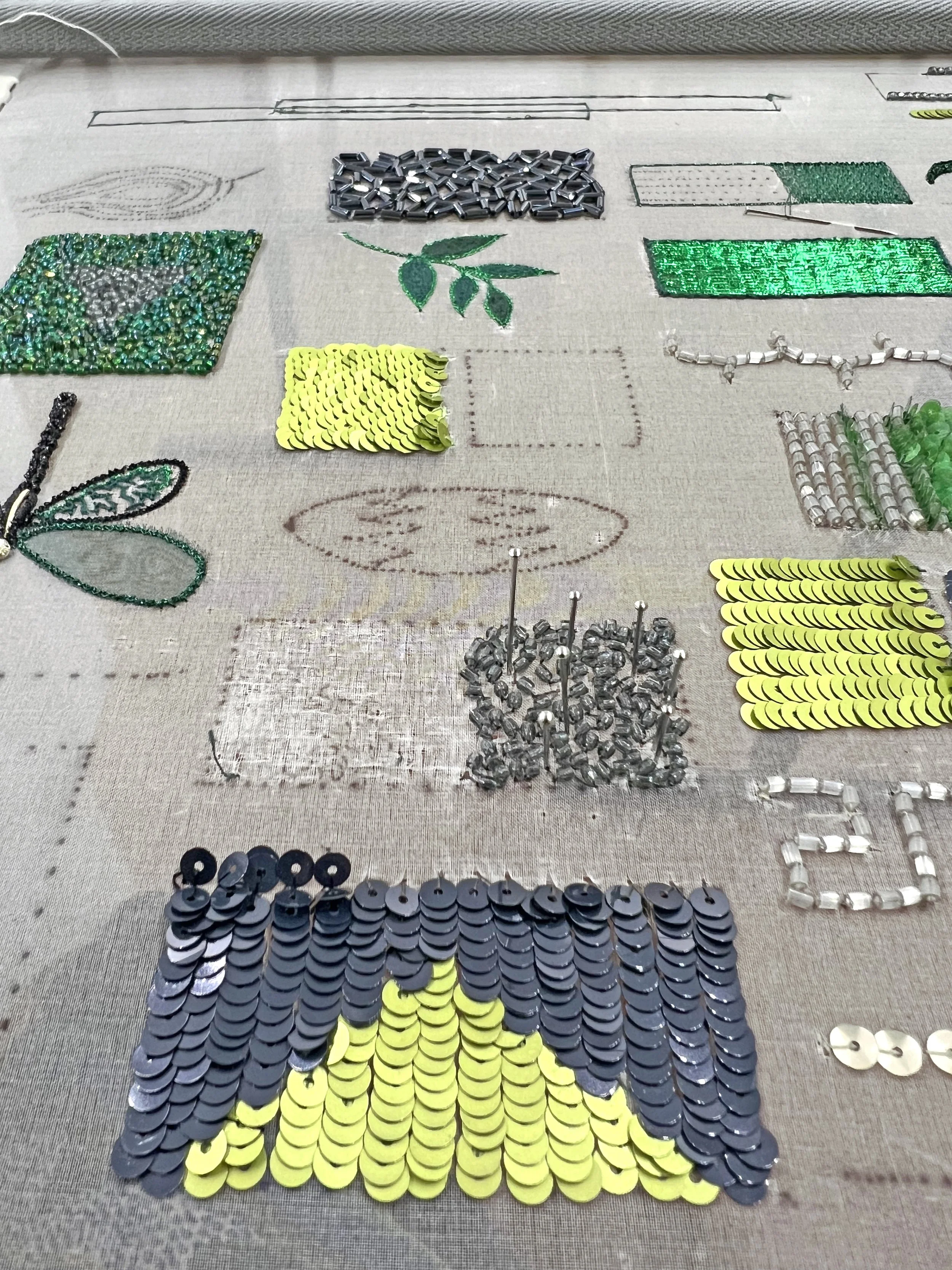 Composition artistique de différentes matières décoratives telles que sequins, perles, fils, et autres éléments colorés sur une surface. La disposition semble former un motif ou une œuvre décorative.
