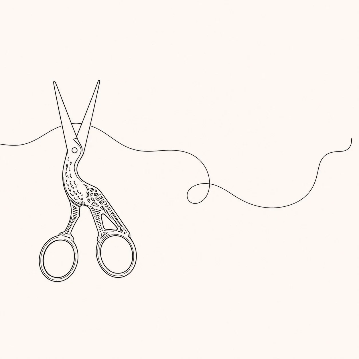 Illustration minimaliste de ciseaux de couture en forme d'oiseau, avec un fil de couture qui sort de la partie supérieure.