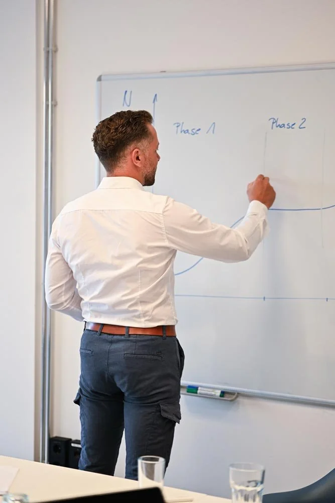 Marcel Simon schreibt Prozessschritte an Whiteboard vor Workshopteilnehmern