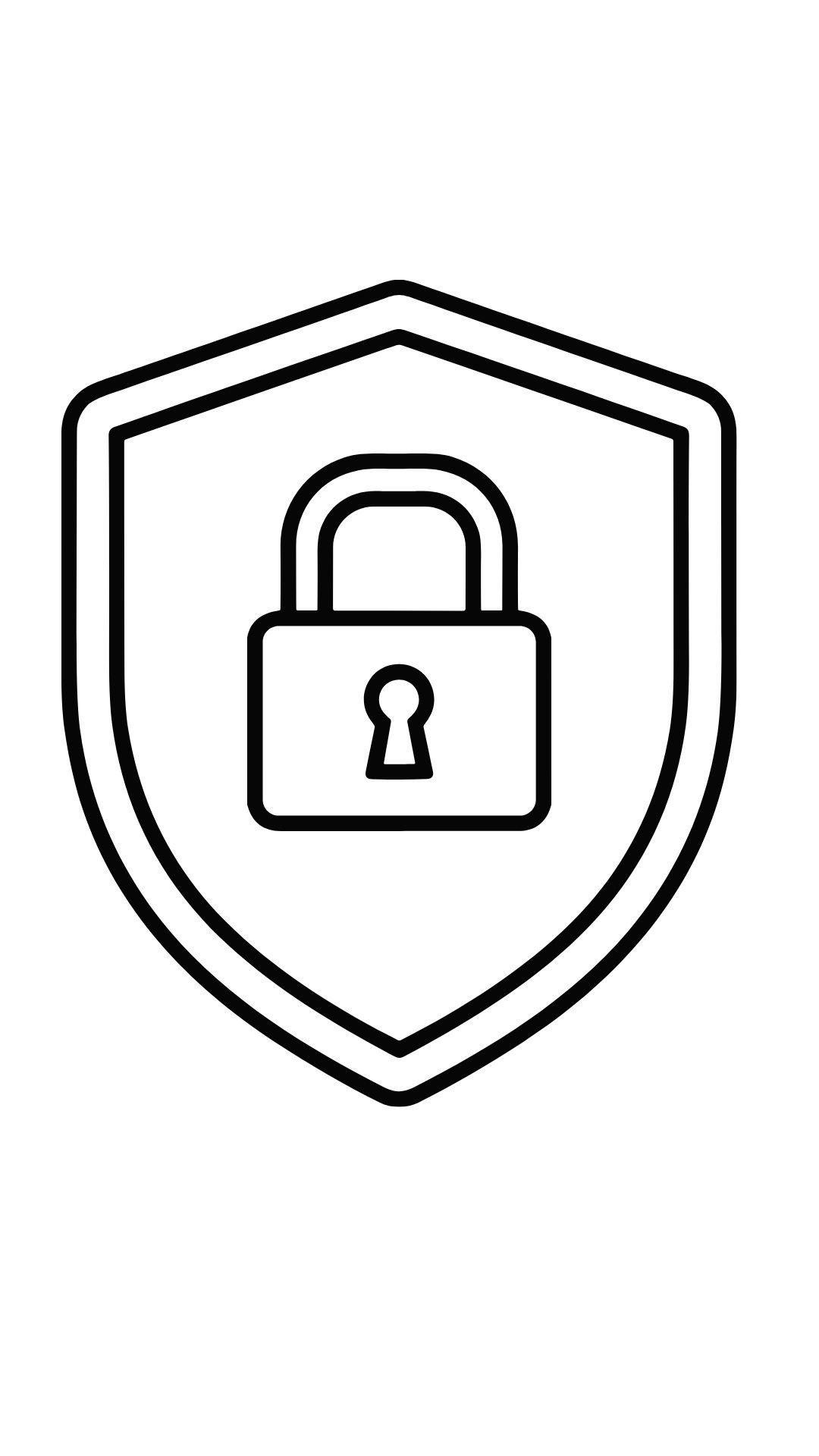 Schwarze Umrisse eines Wappens mit einem Schild und einem Vorhängeschloss in der Mitte, symbolisiert Sicherheit.