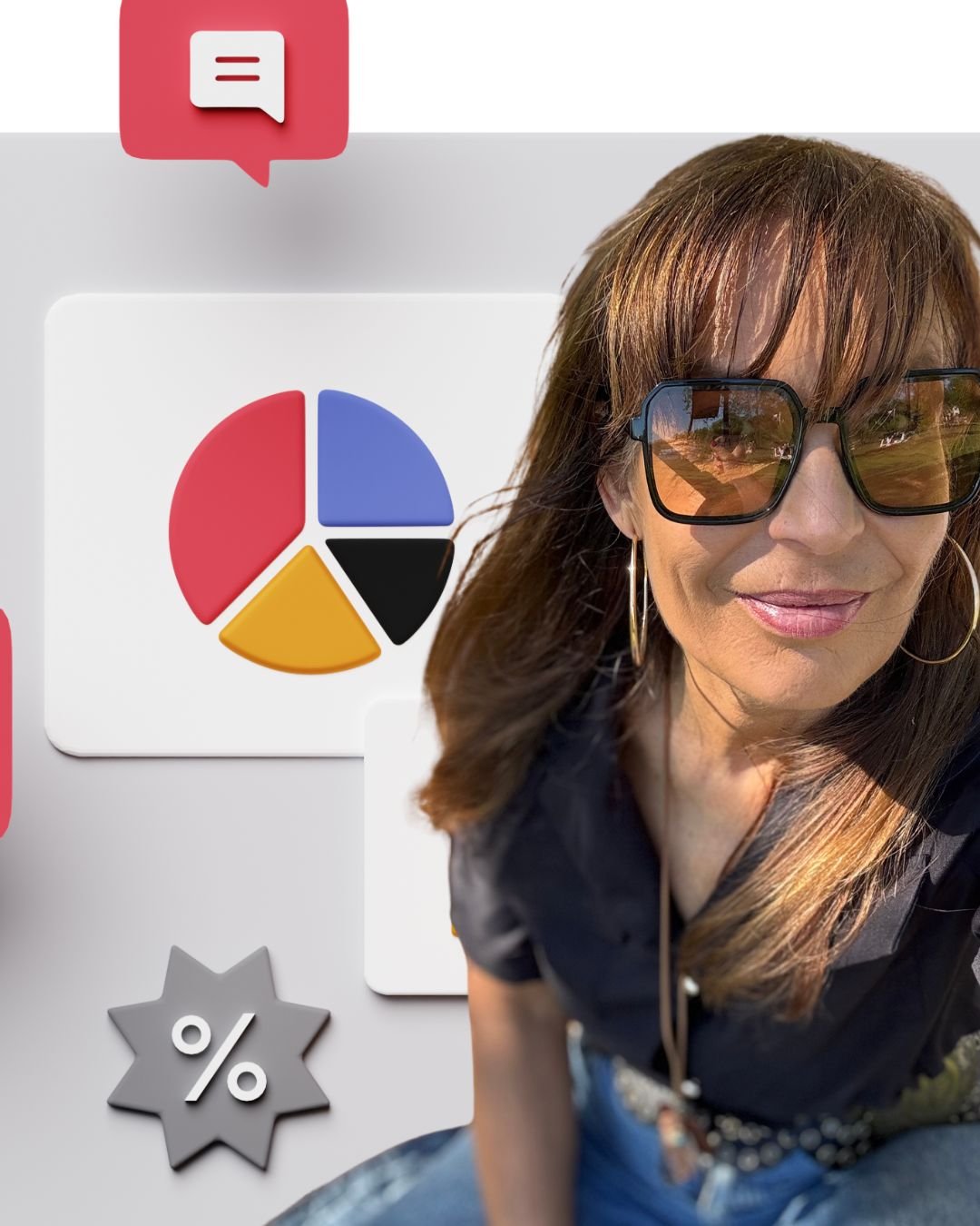 Eine Frau mit Sonnenbrille, die ein Lächeln zeigt, im Vordergrund. Im Hintergrund sind Diagramme, darunter ein Kreisdiagramm und Symbole für Prozent und Kommunikation.