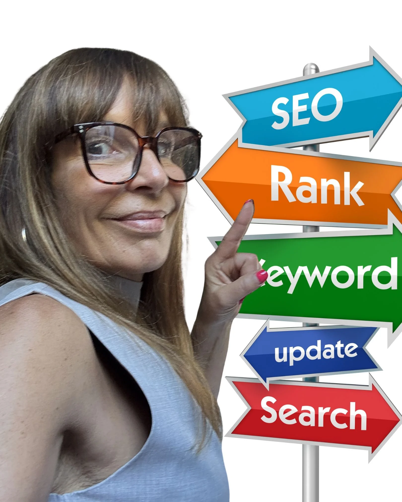 Eine Frau mit Brille zeigt auf ein Straßenverkehrsschild, das die Begriffe SEO, Rank, Update, Search und Search enthält.