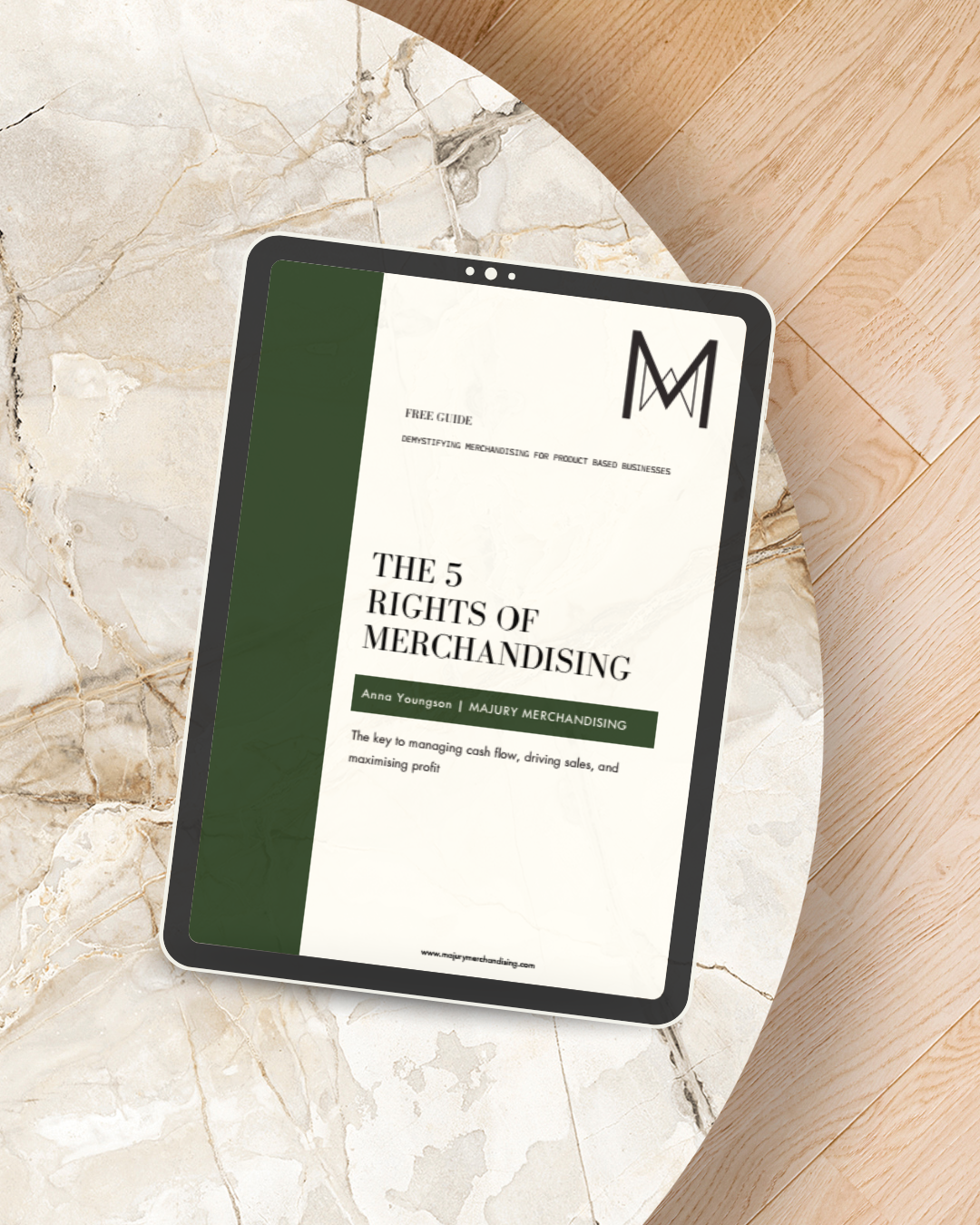 Mockup of free merchandising guide for retail businesses