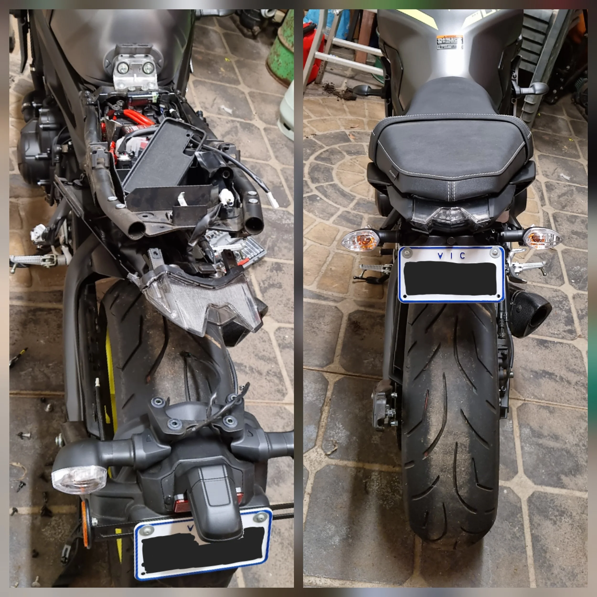 Motorcycle Tail Tidy installed to remove the bulky number plate holder.