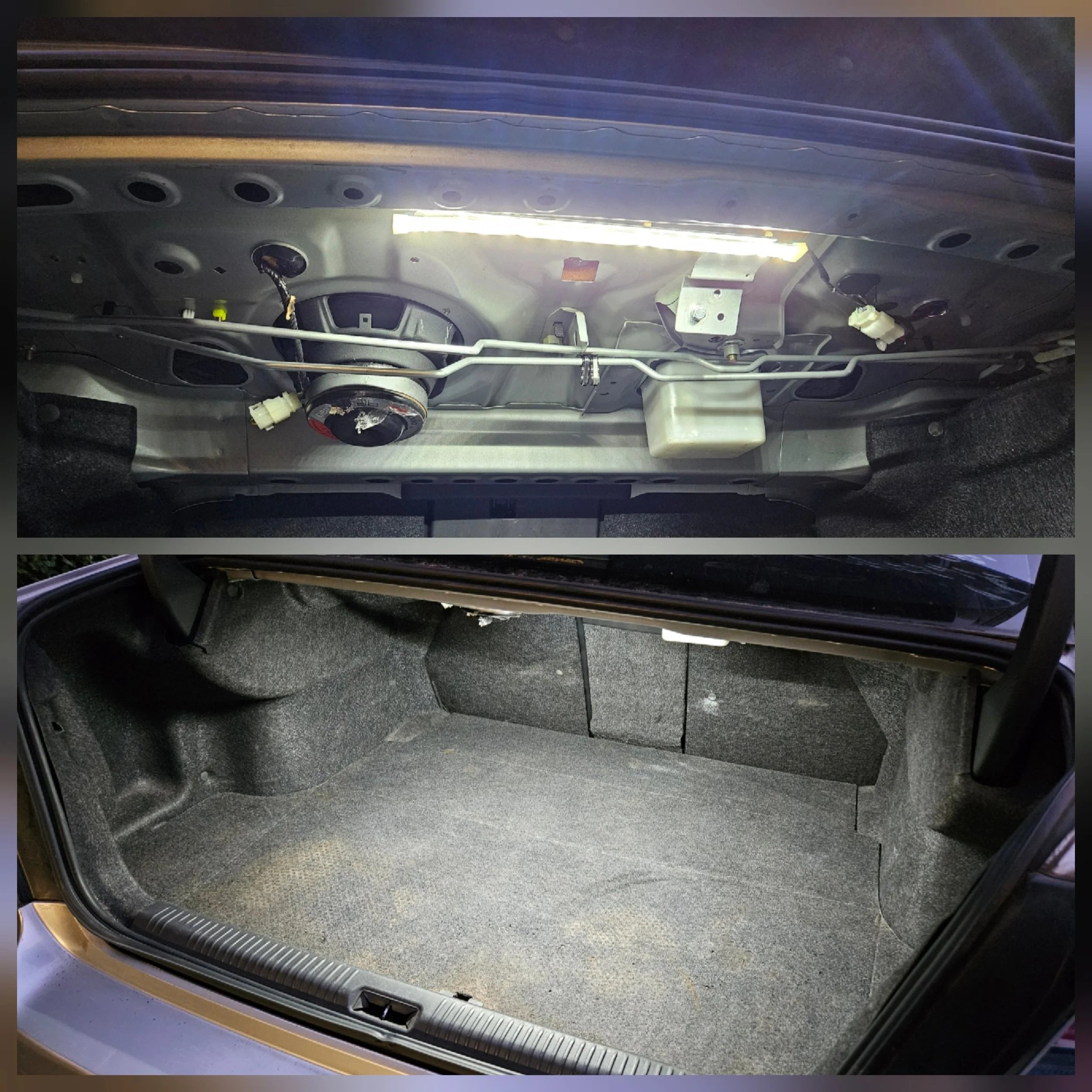 View of the interior of a vehicle's trunk showing a brighter light installed.
