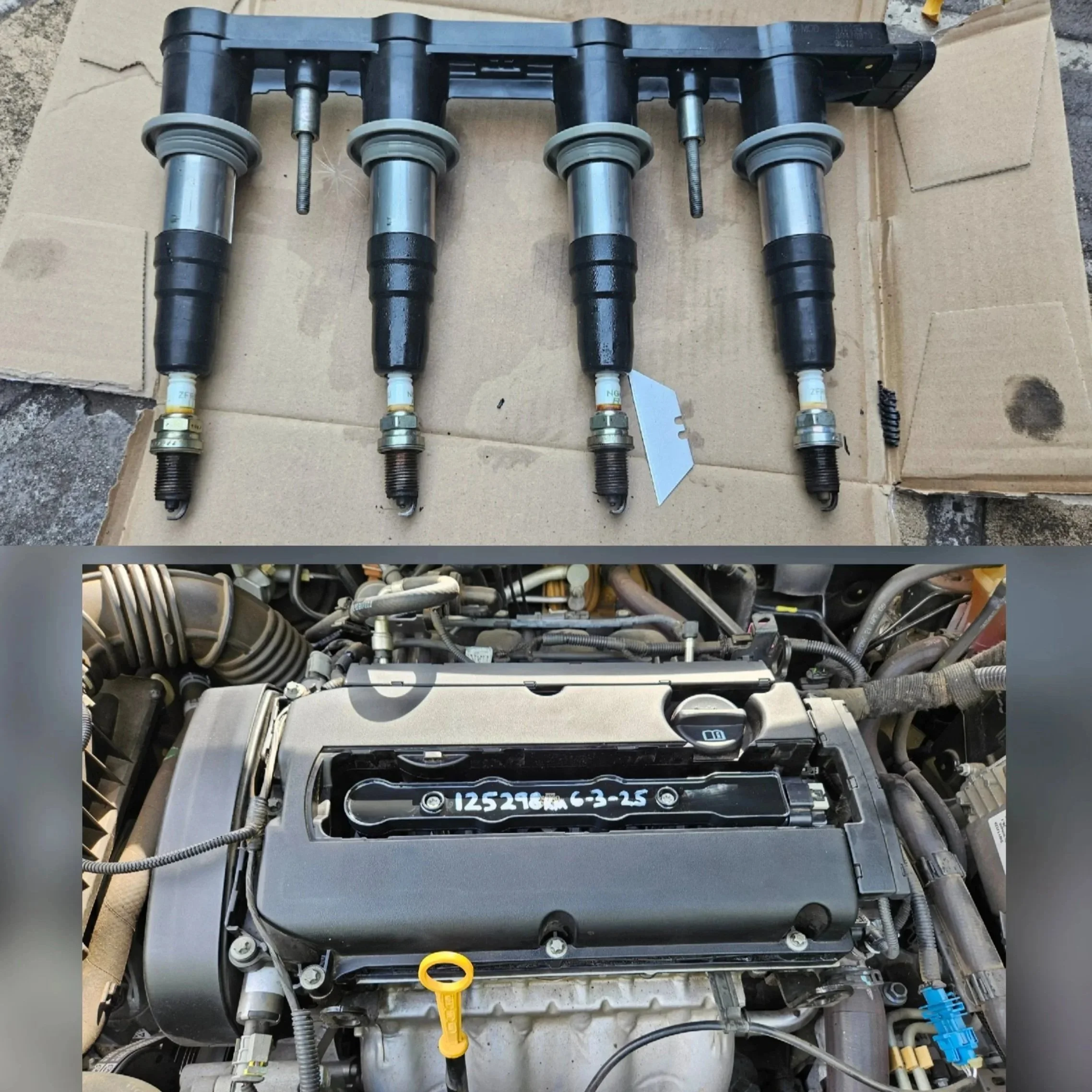 A close-up view of a vehicle's engine ignition coil that was faulty and replaced.