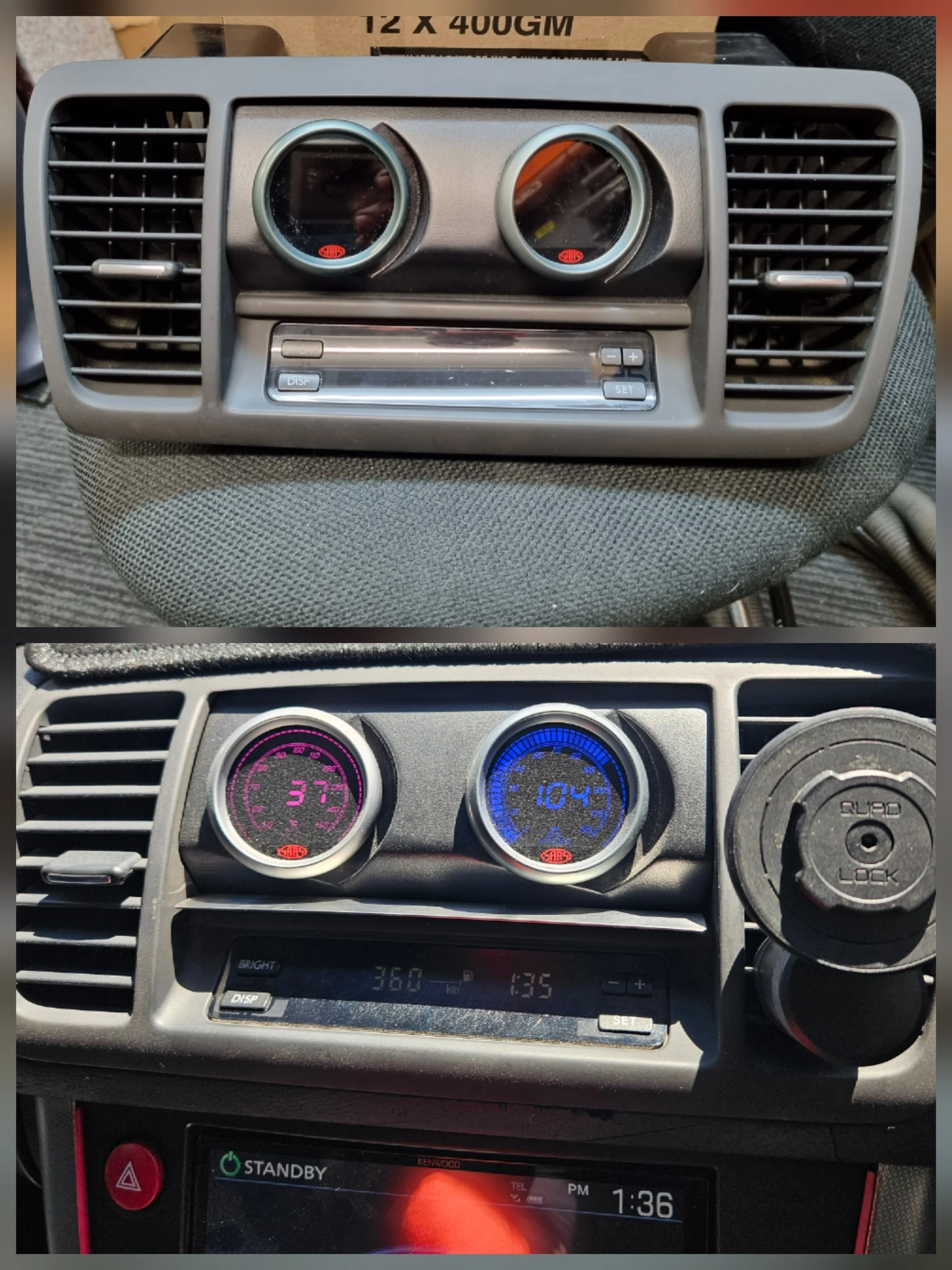 Gauges installed and retro-fitted to sunglasses pocket.