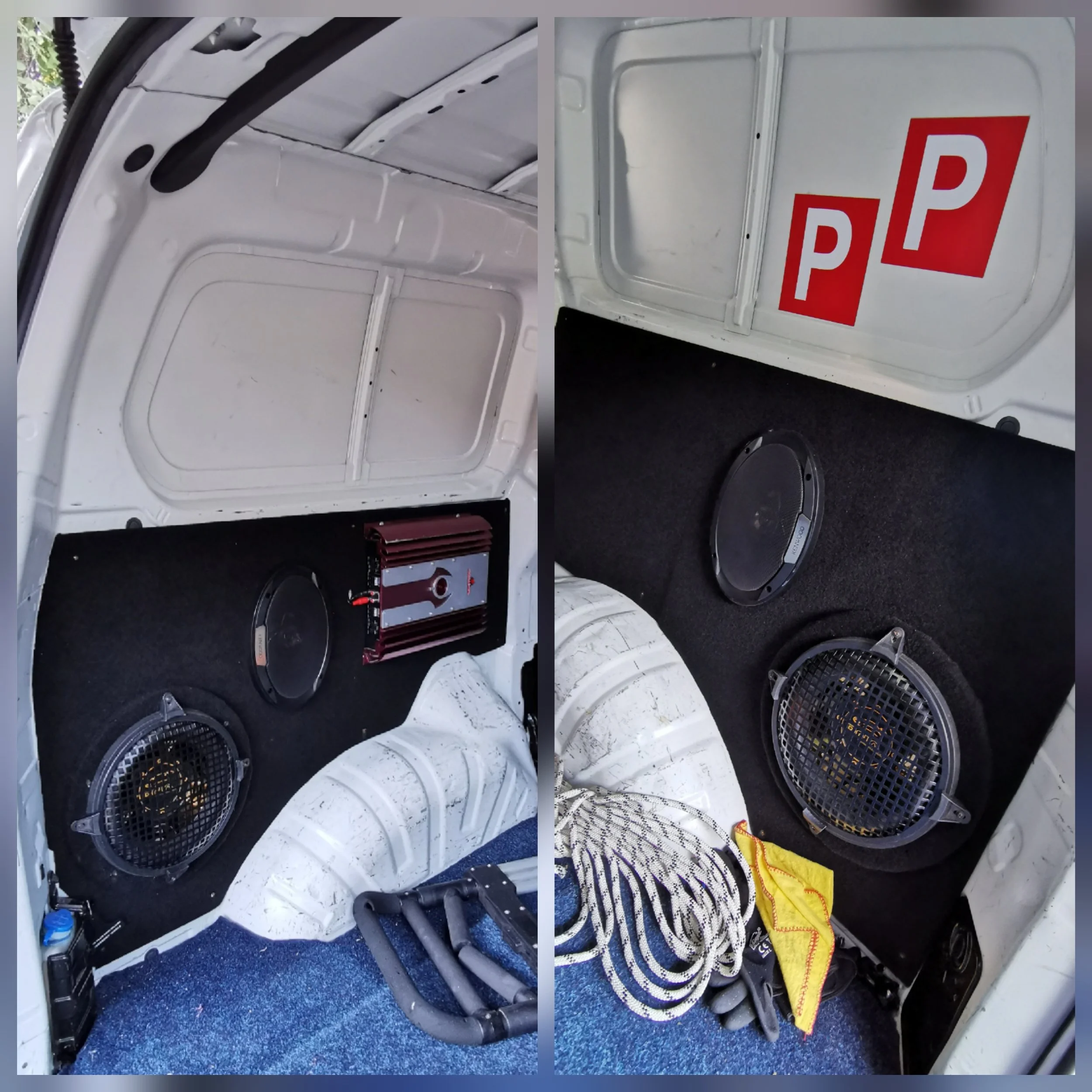 The image shows the interior of a white vehicle, divided into four sections. The top left section displays a plain white interior with some black and red objects, possibly part of a disassembled or customized vehicle interior. The top right section has a white panel with red and white symbols indicating parking or parking assistance. The bottom left section features a black speaker or vent, some wiring, and a blue speckled floor. The bottom right section contains various items, including feet in striped socks, a yellow cloth, and some black objects, possibly tools or storage containers.