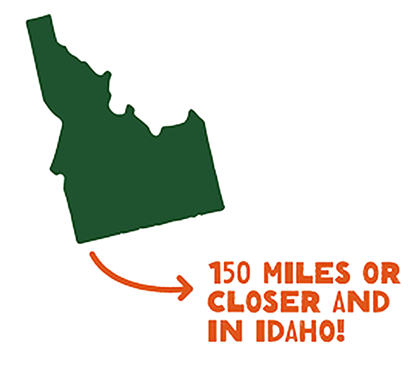 Map of Idaho with text indicating it is 150 miles or closer to a location in Oregon.