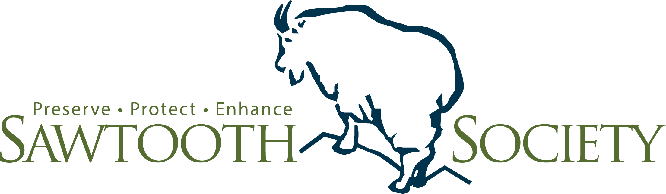 Logo for the Sawtooth Society with a stylized outline of a mountain goat and the words 'Preserve Protect Enhance' and 'Sawtooth Society'.