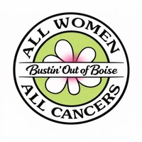 Logo for All Women All Cancers with a pink and green flower and the text 'Bustin' Out of Boise' inside the circle.