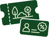 A green gift card with a landscape design, and a green membership card with a percentage symbol on it.