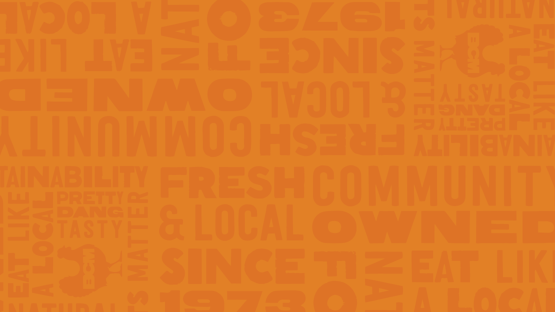 An orange background with a pattern of various words related to community, local, and fresh food, arranged in different orientations.