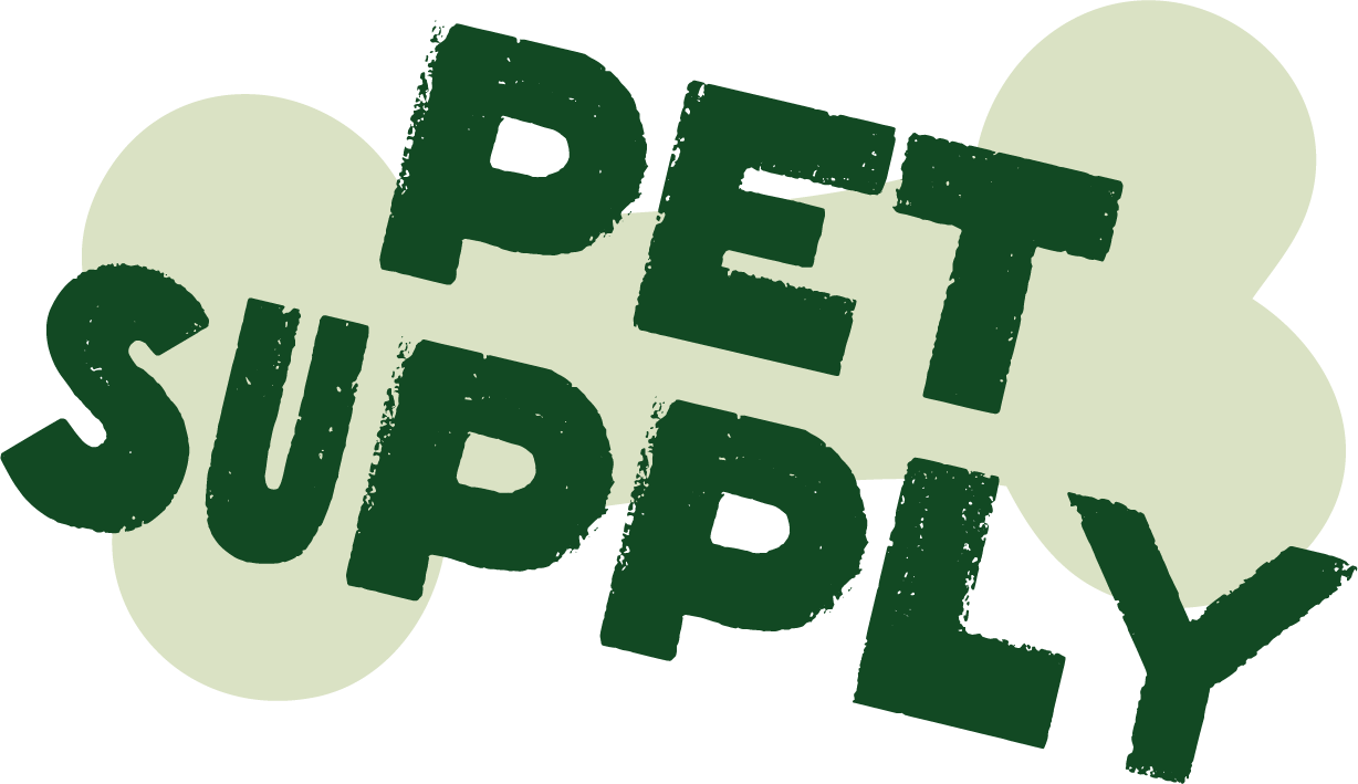 Graphic with the words "PET SUPPLY" in bold, distressed green font over a background of overlapping light green bubbles.