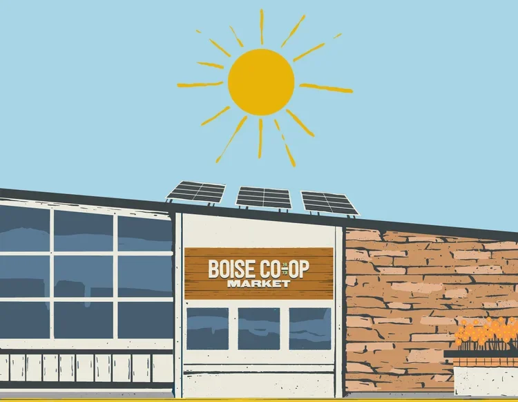 Illustration of a building labeled Boise Co-op Market with solar panels on the roof, large windows, and a sign on a wooden panel. The building is next to a brick wall with some plants in a pot. A bright sun with rays is shining in a clear sky.