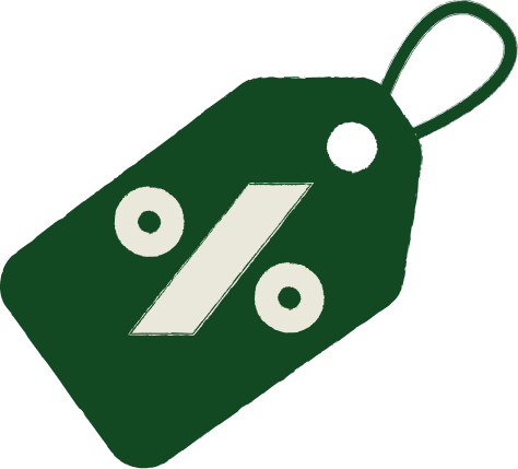 A green price tag with a white percentage symbol and two white circles.