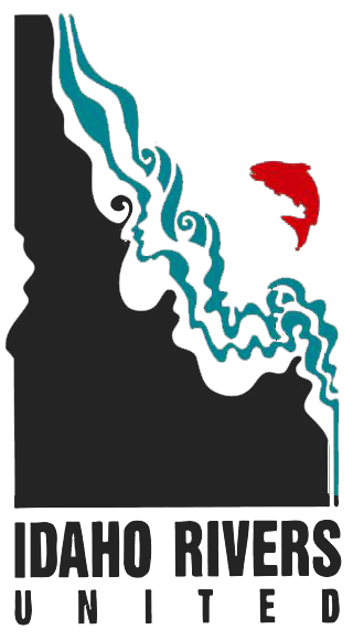 Stylized river design with blue and black flowing lines, a red fish, and the text 'Idaho Rivers United' at the bottom.