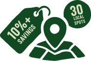 Graphic with a green coupon tag offering 10%+ savings and a green map pin indicating local spots.