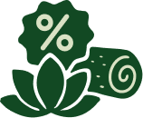 A percentage symbol above a lotus flower, with a rolled-up scroll or paper to the right of the flower.