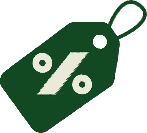 Green price tag with a white percentage symbol and small circles.
