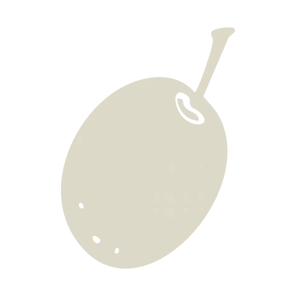 A pixelated icon of a sideways oval-shaped olive with a stem and a pimento inside.