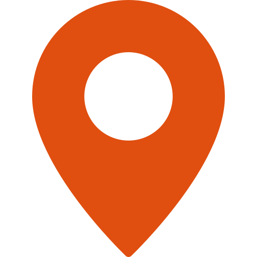 An orange location pin icon on a white background.