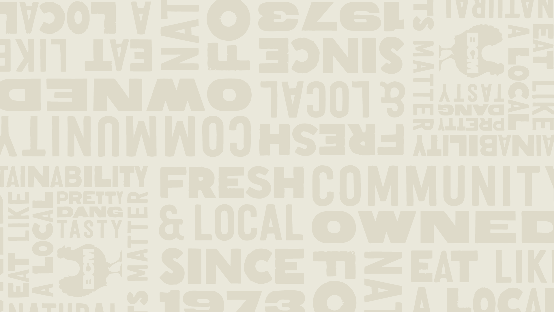 A faint beige background filled with cloudy, irregular shapes and numerous words in different sizes and orientations, including 'local', 'food', 'community', and 'fresh'.